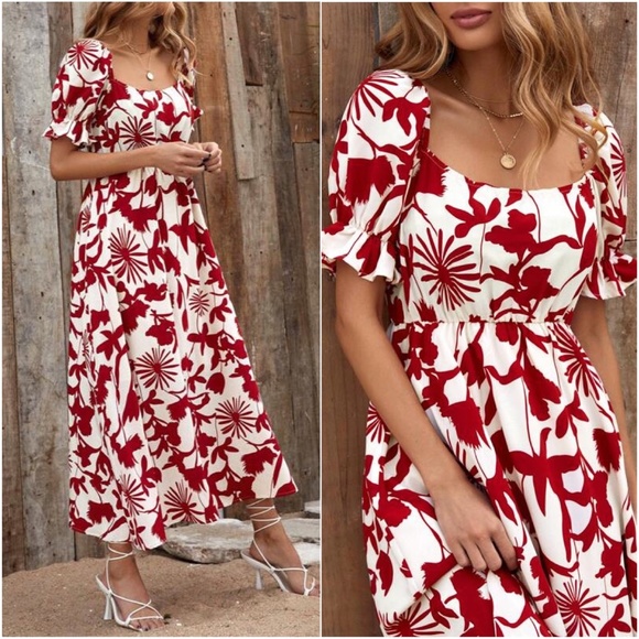 Boho Red Floral Print Puff Sleeve Midi Dress Cottagecore - Picture 3 of 4